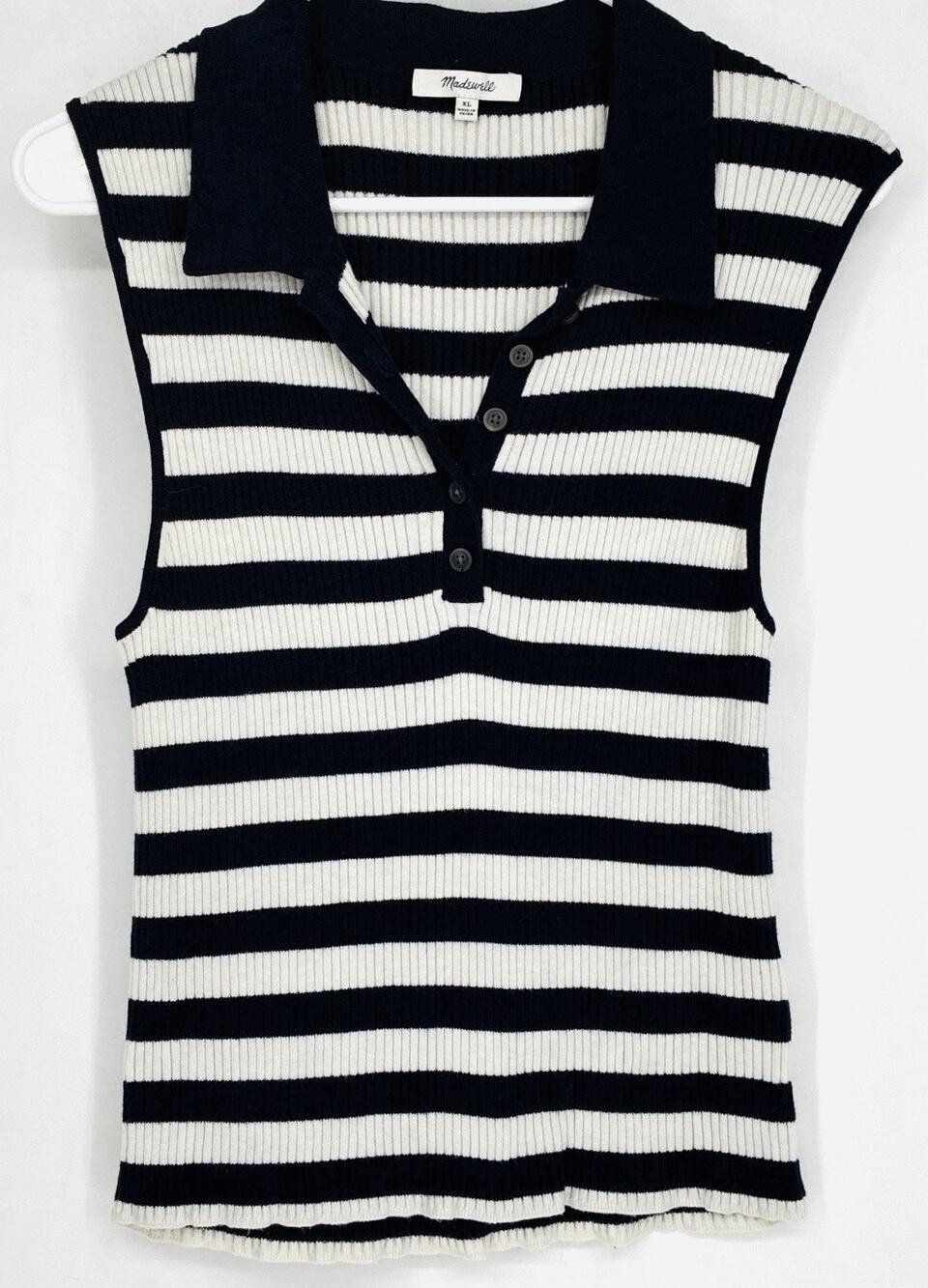 Madewell XL Navy Ivory Striped Ribbed Sleeveless Polo Sweater Tank HNJ827